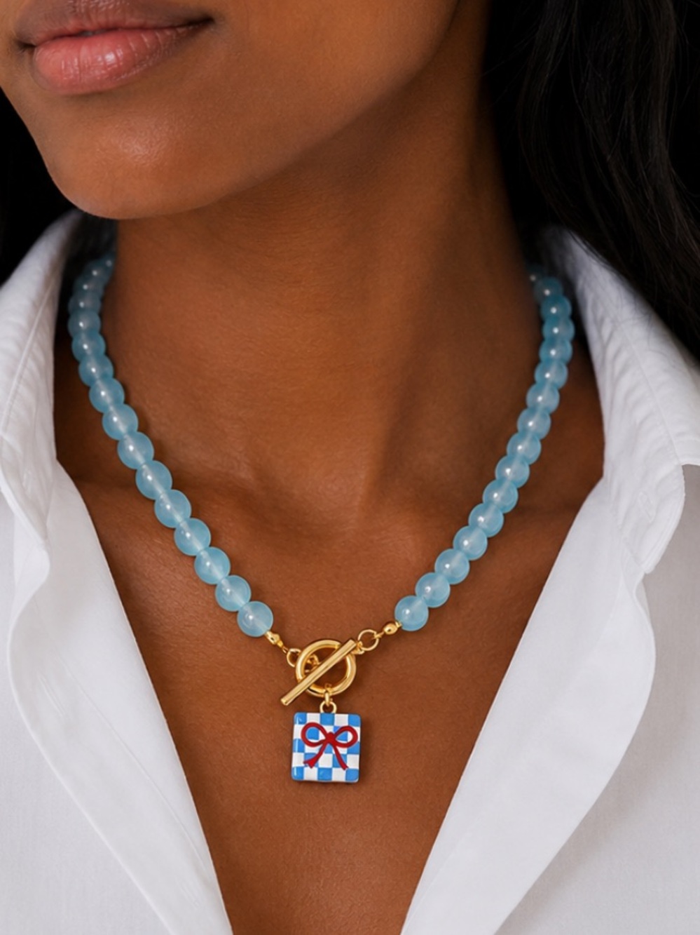 New! Preppy Blue Glass Bead Bow Charm Necklace (4017) NWOT